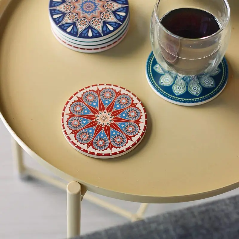 

6pcs/set Flower Drink Coasters Table Mats Moisture Absorbing Ceramic Cork Base Stone Tea Holder For Cup Mug Office Home