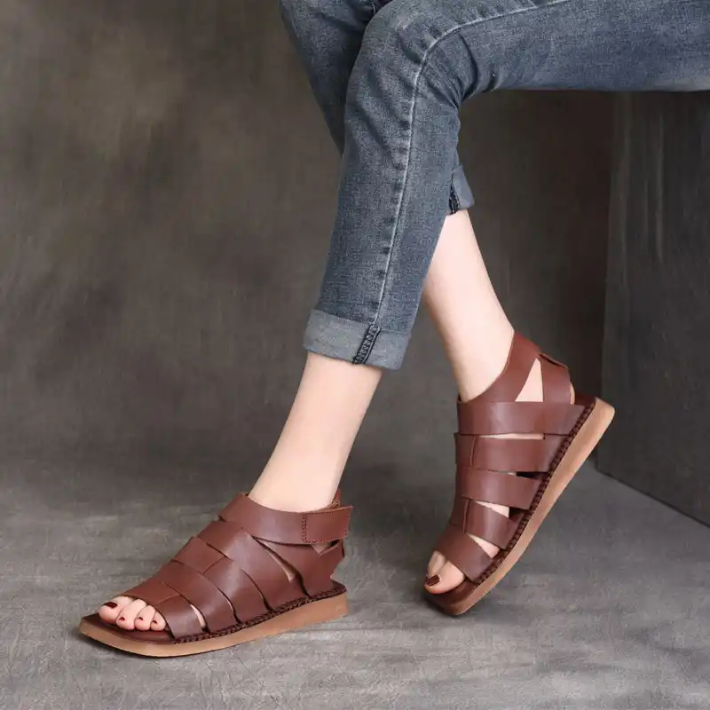 女性のレザーブーツサンダルフラットヒール21夏の靴魚の口レトロベージュ手作り本革の女性のサンダルソフト ローヒール Aliexpress