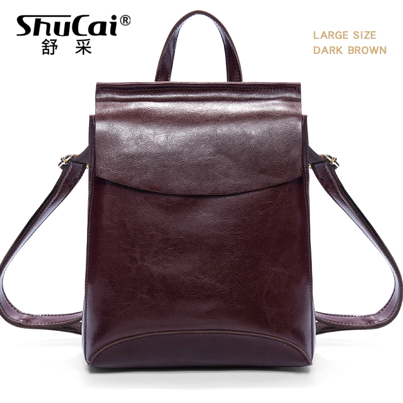 Женский рюкзак из натуральной кожи, рюкзак для путешествий, Одноцветный рюкзак, школьные сумки для девочек-подростков, модная сумка через плечо - Цвет: DARK BROWN  LARGE