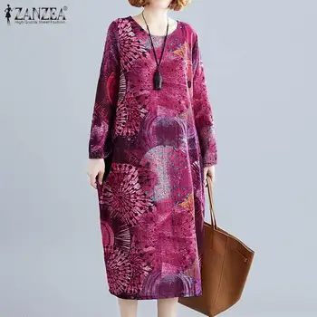 

ZANZEA Women Mid Calf Dress 2020 Floral Midi Vestidos Ladies Casual Long Sleeve Dresses Female Loose Pockets Sundress Plus Size