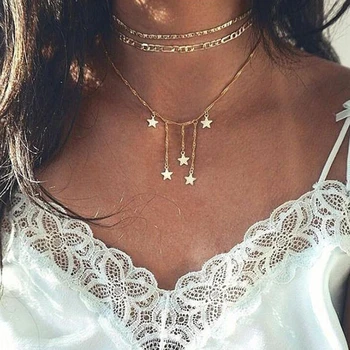 

2020 new ladies multi-layer five-pointed star necklace creative retro simple three-layer alloy clavicle chain star necklace