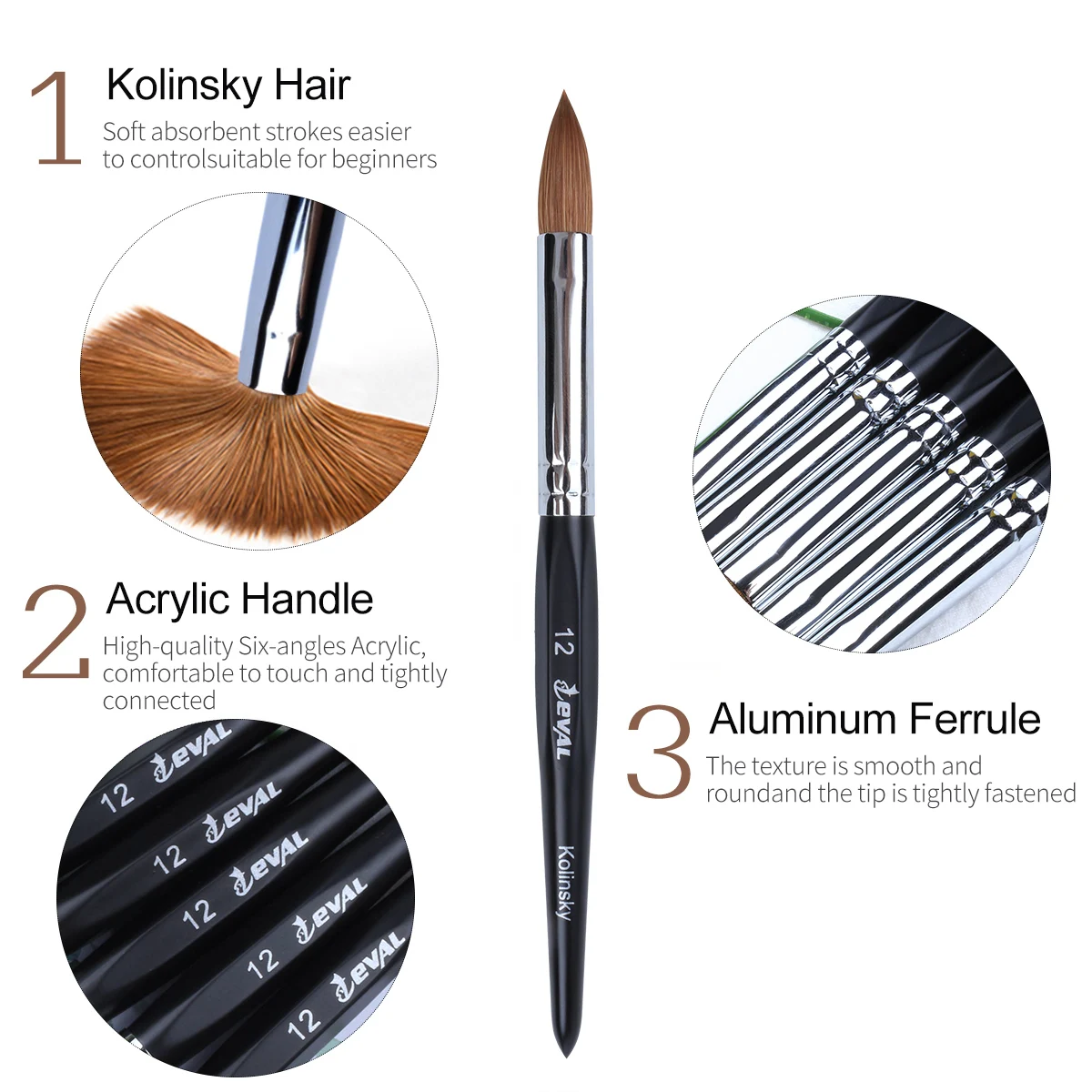 Eval Pure Kolinsky Hair Nail Brushes Acrylic Nail Painting Brush Professional UV GEL Nail Manicure Powder Pedicure Art Tools 5