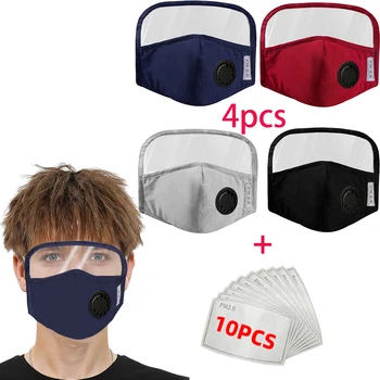 

4Pcs Cotton Resuable Mask With Eyes Shield Respirator Reusable Valve,Mouth Masks With 10pcs Activated Carbon PM2.5 Filters