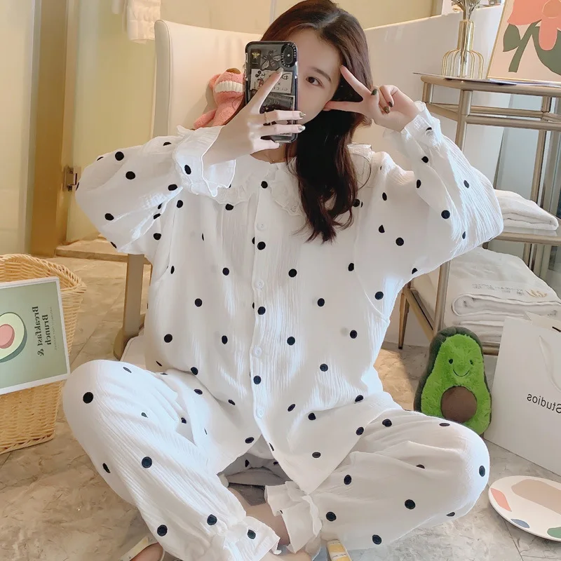 

KISBINI Women Pajamas Set Oversize Dot Print Long Sleeve Autumn Female Sleepwear Pure Cotton Button Homewer For Pregnant Women
