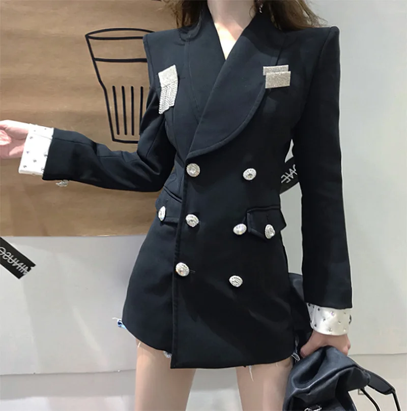 

2019 Autumn And Winter New Style Europe And America Fashion Double Breasted Suit Slim Fit Online Celebrity-Black And White with