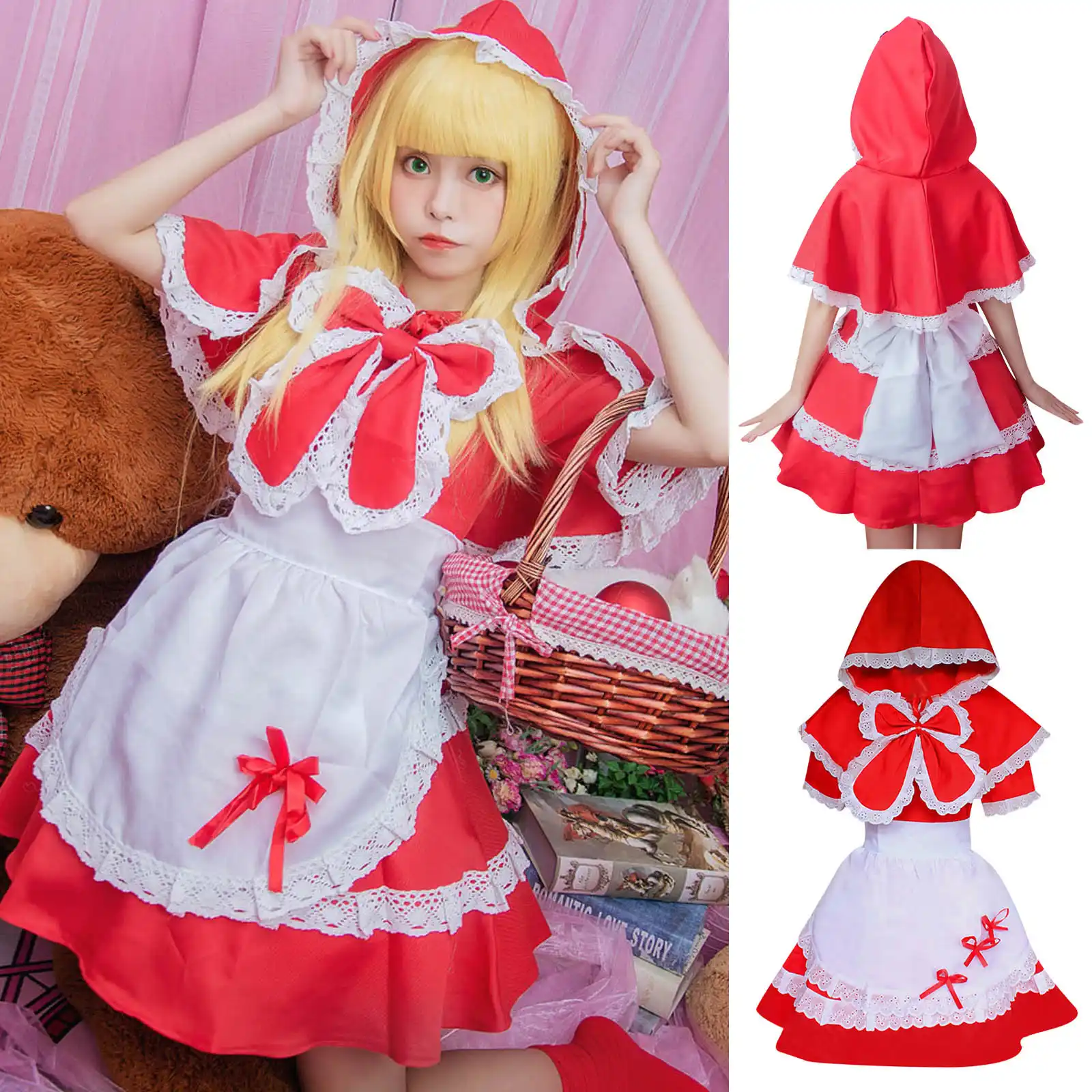 クラシック赤カフェメイドコスプレ衣装ロリータかわいいドレスレストランウェイターの制服などヘアーリボンヘッドドレス日本 Aliexpress