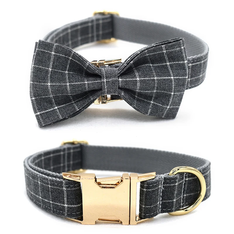 

New Pet accessorie Grey Plaid Bownknot Tie and Leash Set Nylon Printed Dog Nameplate Collar Personalized Engraved ID Tag Collar