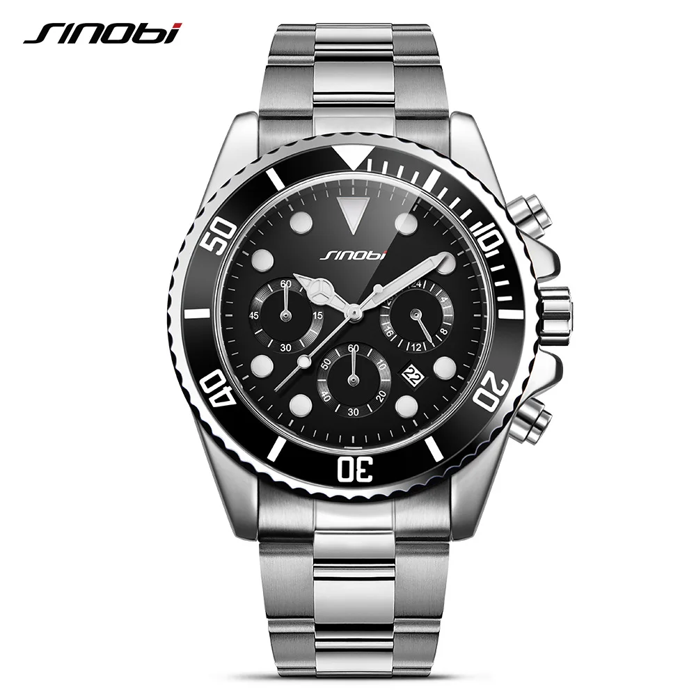 

SINOBI Top Quantiy Business Stainless Steel Watches Men's Black Luminous Clock Chronograph Quartz Watch Sports Relogio Masculino