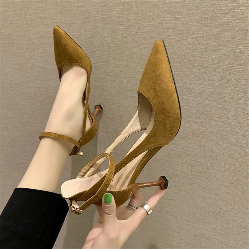 

Shoes Woman 2020 Spring 8cm High Heels Slingbacks Shoes Female Thin High Heels Pint Toe Flock Women's Shoes Summer Sandals Pumps