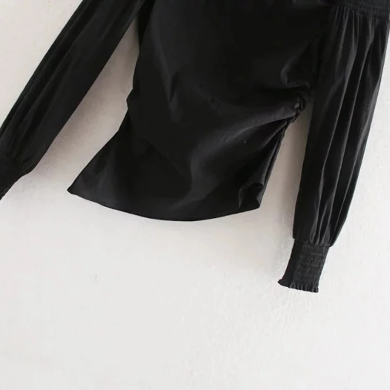 Шикарная Женская Асимметричная рубашка с вырезом лодочкой, черная блуза, осень, женская блузка с длинным рукавом для отдыха, эластичные Топы S6679