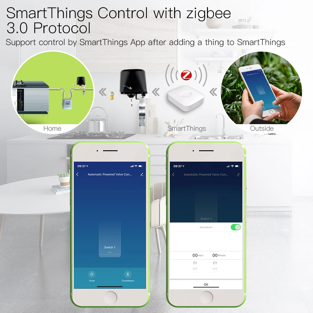 ZigBee 3.0 Smart Gas Water Valve Controller SmartThings App Remote Control Echo Plus Voice Control,Work with Alexa Google Home
