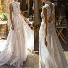 Винтажное кружевное пляжное свадебное платье в стиле бохо, новинка, с высоким воротом, с оборками, рукав, сексуальное, с открытой спиной, Vestido De Noiva, богемное свадебное платье Gow