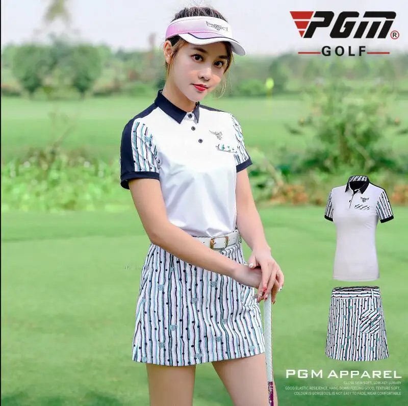 Pgm Women Golf Clothing Set Striped Slimming Golf Skirt Shortsleeved T