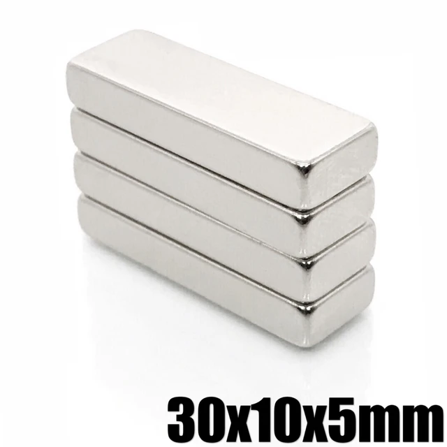 Aimant rectangulaire Bloc 30 x 10 x 10mm Néodyme N45, Nickelé - Force 10 kg