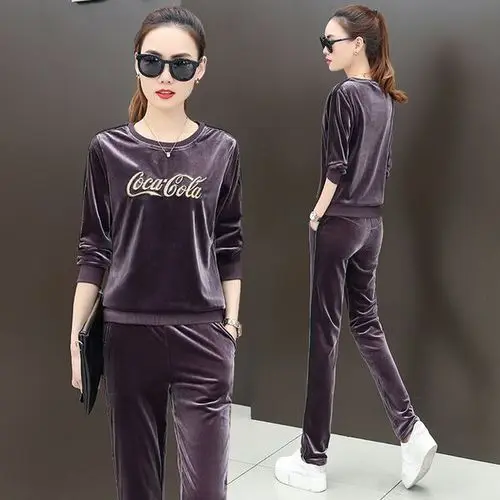 purple gray Золотой Бархатный спортивный костюм, комплект из двух предметов, женский костюм, сексуальный топ с капюшоном и длинными рукавами и штаны, велюровый спортивный костюм, комплект из 2 предметов, одежда для отдыха - Цвет: purple gray