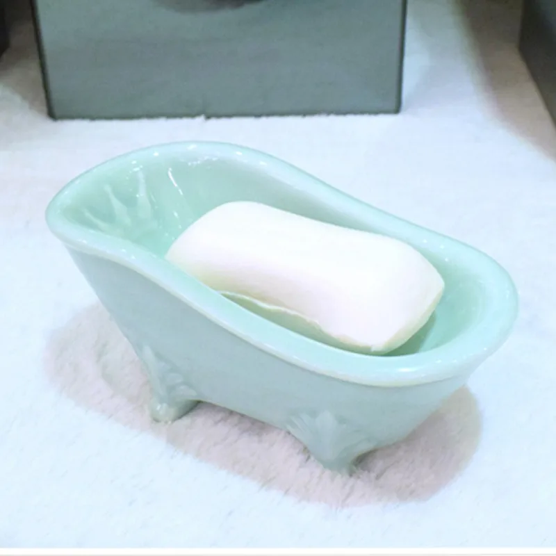 Drain Hole Soap Dish Beautiful Bathtub Shape Ceramic Soap Storage Rack