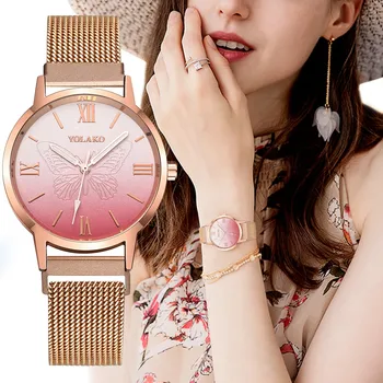 

Top Brand Watches For Women Rose Gold Mesh Magnet Buckle Starry Quartz Watch Gradient Surface Casual Women Quartz Wristwatch