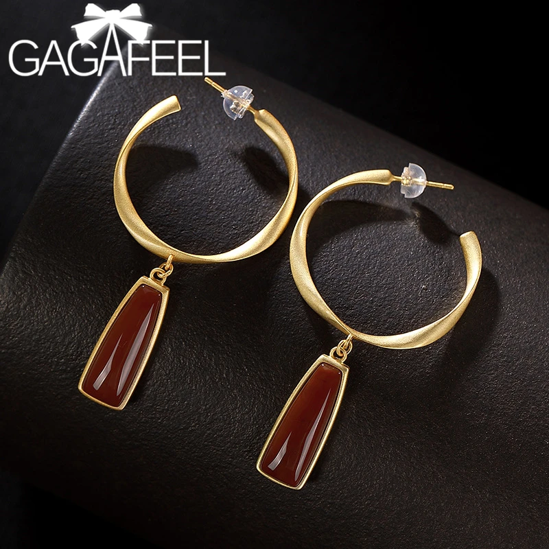 

GAGAFEEL Elegant Gold Hoop Earrings for Women Circle Round Drop Earrings With Red Stone High Quality Jewelry 925 Silver Earring