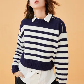 

Runway Sweaters 2020 Autumn Winter Zip SHoulder Long Sleeve Striped Knitted Jumper Women Pullover Cropped Sweater Tops