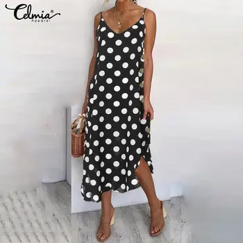 

Celmia Women Sexy Straps Summer Dress 2020 Fashion V neck Point Dot Beach Sundress Casual Asymmetric Button Midi Dress Plus Size