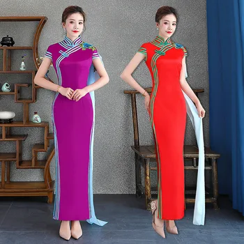 

Embroidery Oversize 4XL Elegant Satin Handmade Button Silm Qipao Chinese Traditional Women Dress Vintage Lady Sexy Cheongsam