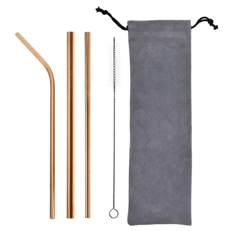 5pcs Stainless Steel Portable Drinking Straws Set Household Bar Kitchen Supplies Portable Travel Drink Tableware - Цвет: Rose Gold