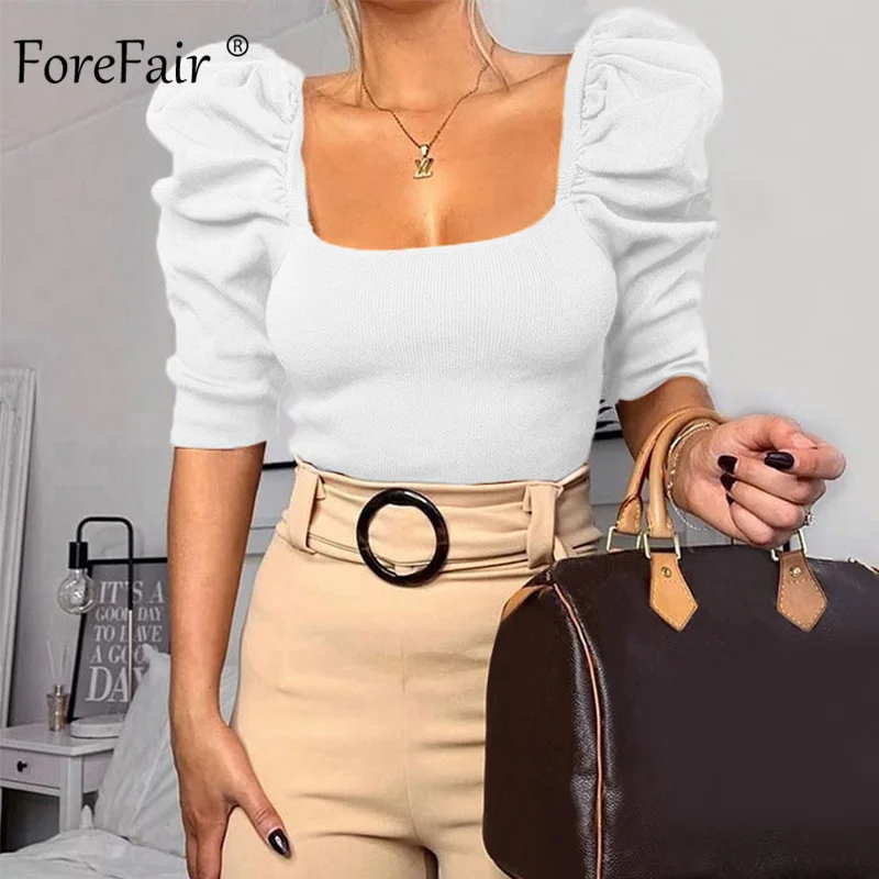 Forefair винтажный буф рукав женская блузка квадратный вырез корейский стиль топы элегантный укороченный сексуальный белый черный тонкий блузка для женщин - Цвет: White Blouse