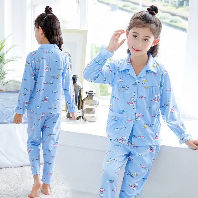

Childrenswear 2019 Spring New Style Children Long Sleeve Pajamas Big Boy Cute Cartoon Small Fish Girls Homewear Set