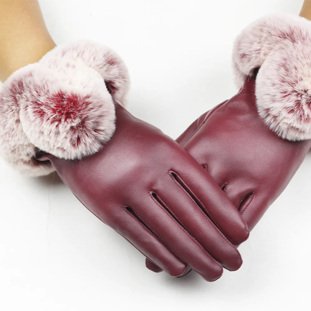 Женские черные кожаные перчатки на осень и зиму, теплые варежки из кроличьего меха, перчатки для велоспорта, зимние перчатки rekawiczki damskie