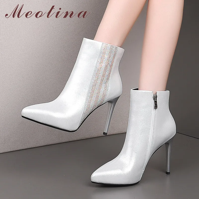 

Meotina Autumn Sheepskin Ankle Boots Women Genuine Leather Zip Thin Heel Short Boots Crystal Super High Heel Shoes Female Winter