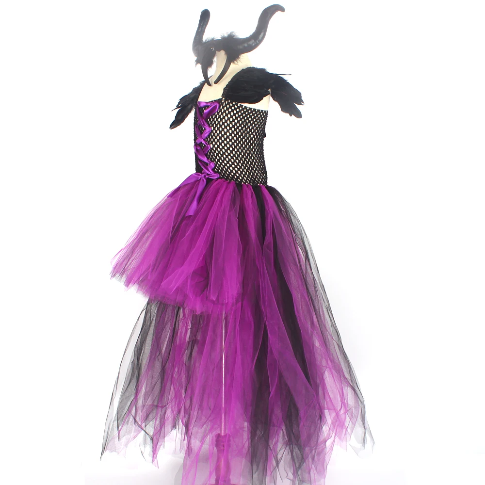 Maleficent/платье-пачка для девочек «злая королева» и Рожки; костюм ведьмы для косплея; детское праздничное платье; детская Рождественская одежда