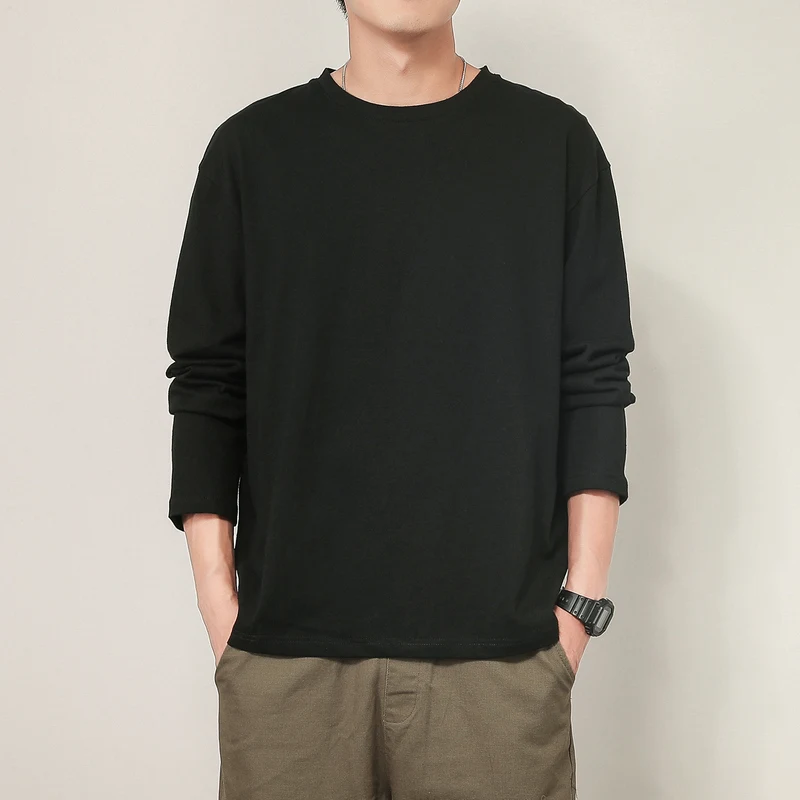 100-Cotton-T-Shirt-Men-Solid-Color-Long-Sleeves-O-Neck-Mens-Tshirt ...