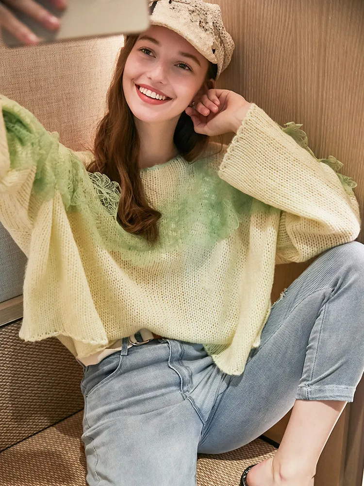 WHITNEY WANG осень мода уличная кружева лоскутное свитер женский джемпер sueter mujer invierno