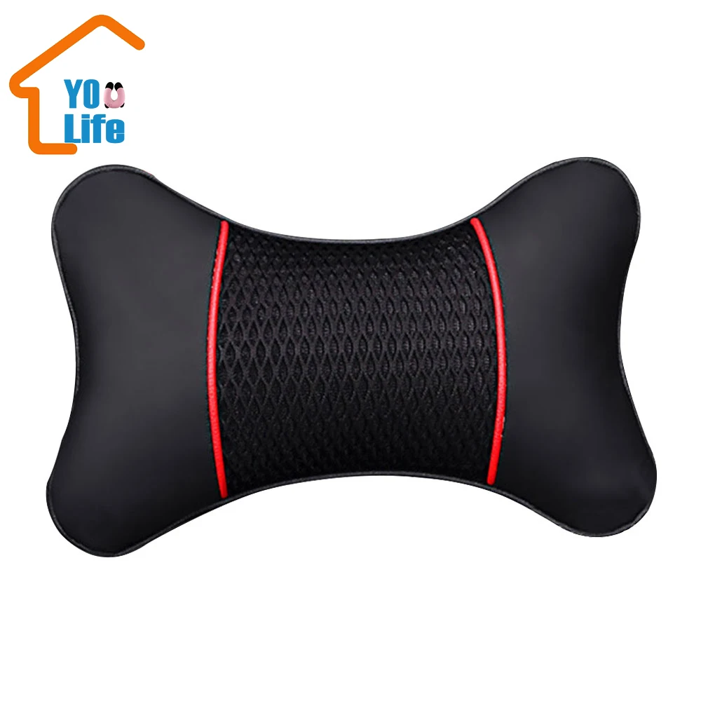 2Pcs PU Leather Knitted Car Pillows Headrest Neck Rest Cushion Support Seat Accessories Auto Black Safety Pillow Universal Decor