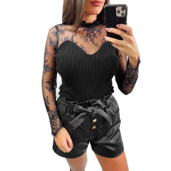 

Women Autumn Black Knit Women T-shirt Long Sleeve Shirt Sexy Elegant Lace Patchwork Tee Shirt Femme Tops
