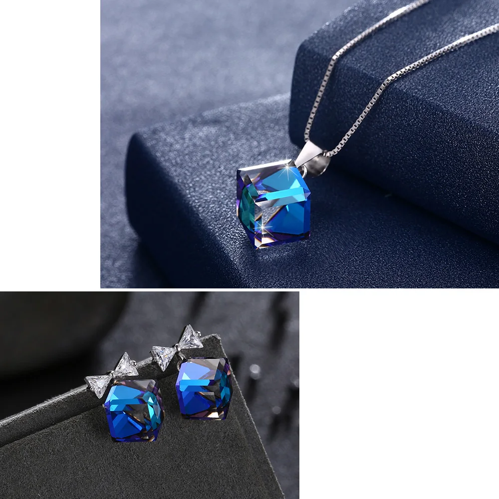 Геометрические кубики ювелирные изделия наборы кристаллов от Swarovski Настоящее Серебро S925 кулон ожерелье Бант Серьги гвоздики для женщин влюбленных