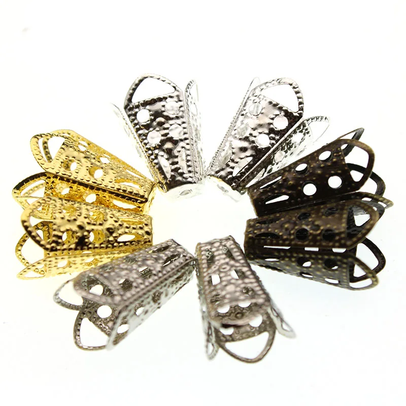 

50pcs Free Shipping Beads Caps Jewelry Finding 10x16mm Four-leaves Hollow Bugle Bead Cap Gold Silver Bronze Nickel Plated Z633