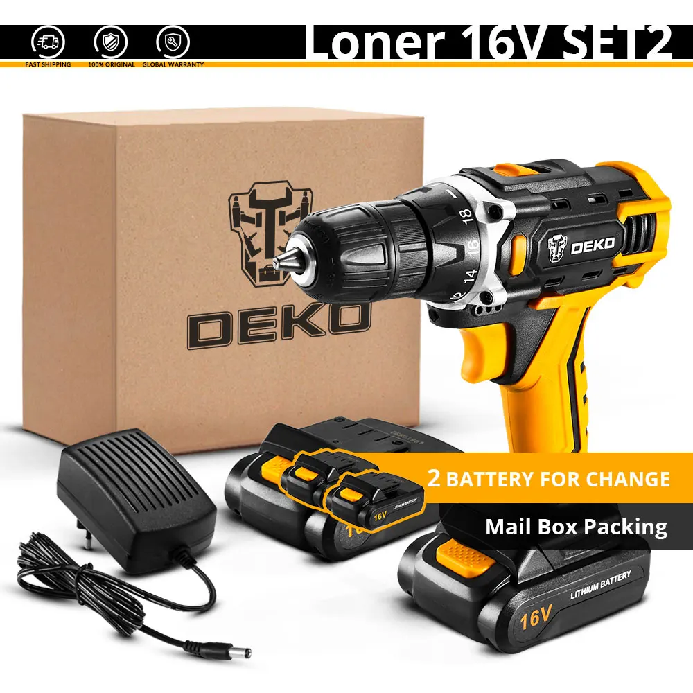 DEKO Loner 16V SET2 Аккумуляторная дрель электрическая отвертка мини беспроводной драйвер питания DC литий-ионный аккумулятор 3/8 дюйма - Цвет: Loner 16V SET2