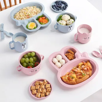 

3Pcs/Set Baby bowl spoon fork Feeding Food Tableware Cartoon Rabbit Kids Dishes Eating Dinnerware Anti-hot Training Dinner Plate