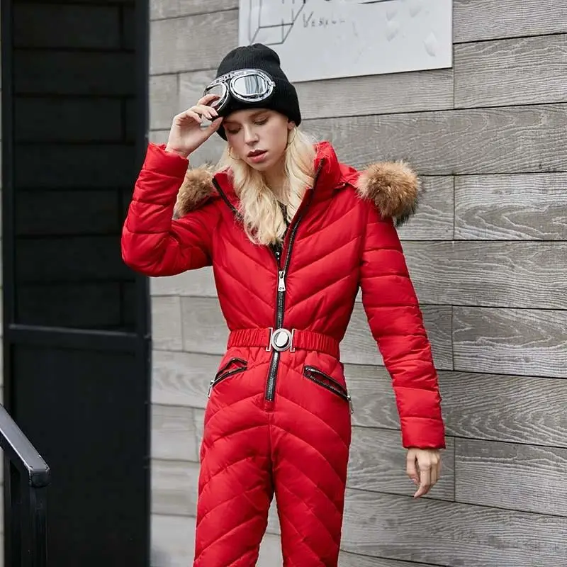 Зимние комбинезоны с капюшоном, Женская парка, элегантные, с хлопковой подкладкой, теплые, с поясом, лыжный костюм, одноцветные, на молнии, цельные, повседневные спортивные костюмы
