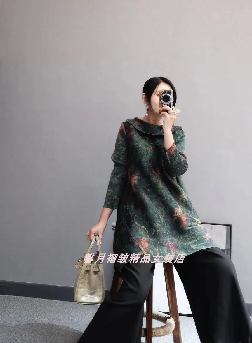 Горячая Miyake Плиссированное цельнокроеное платье три четверти отложной воротник принт прямое платье