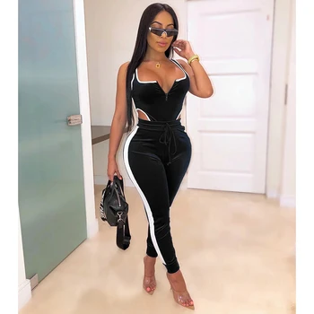 

Autumn/Spring Velvet Striped Splicing Side Women's Jumpsuit Streetwear Party Long Sleeve Cut Out Bodysuit Sexy Romper Playsuit
