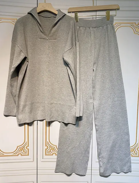 Free Shipping Casual Autumn Loose Knit Sweater Set Fashion Zip Lapel Long Sleeve Pullover Sweater & Straight Pants Two-piece Set Gray