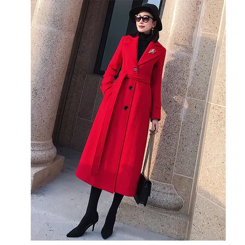 Winter Woman Coats Winter Korean Coat Temperament Lapel Slim Woolen Coat Thickening Thin Coat Female Plus Size Coat - Цвет: Красный