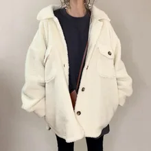 

Lambs Wool Jacket For Women Lapel Long Sleeve Pocket Casual Coat Female 2021 Winter Fashion New White Loose Simple Thick Jacket