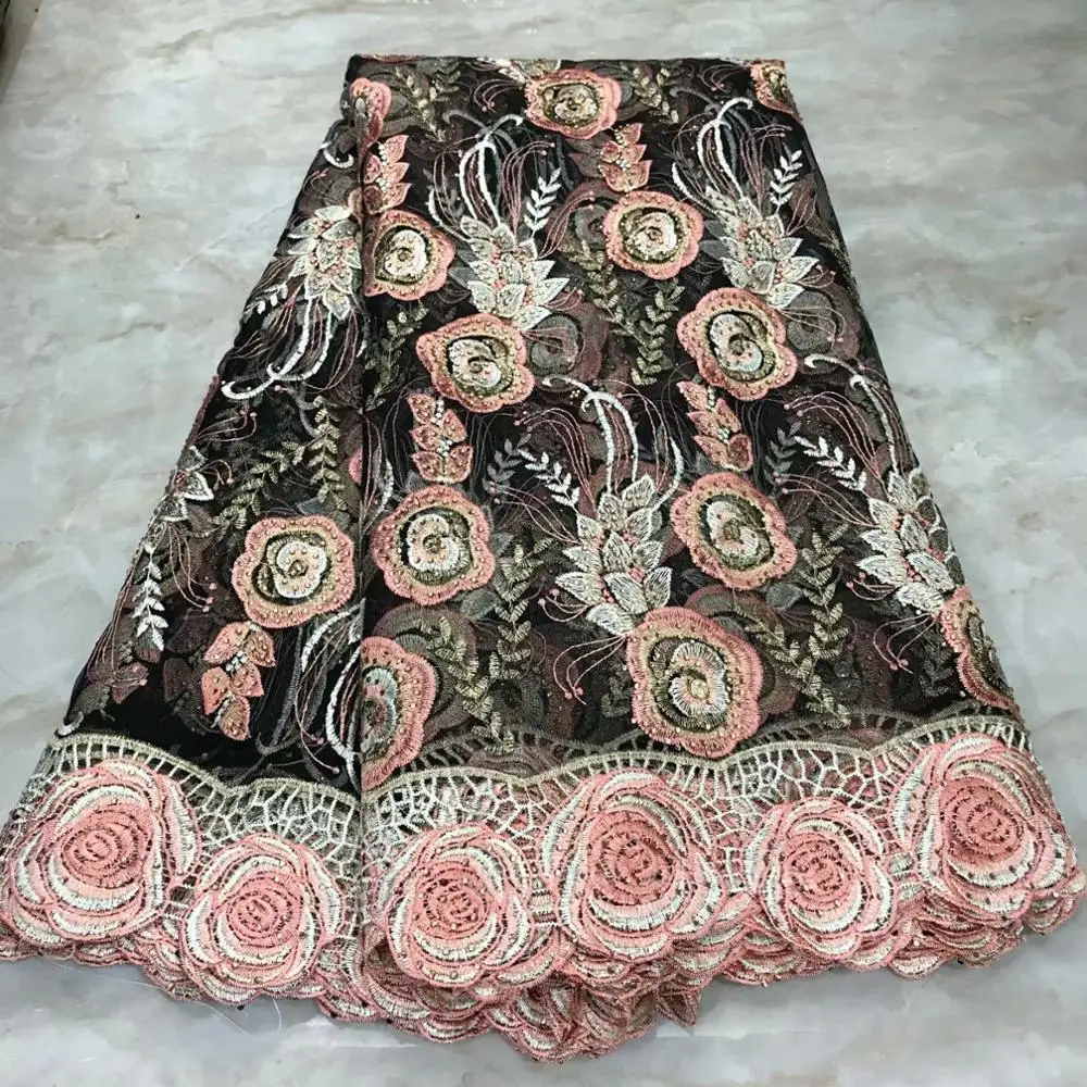 

2019 High Quality African Lace Fabric Black and Pink French Net Embroidery Tulle Lace Fabric For Nigerian Wedding Party Dress
