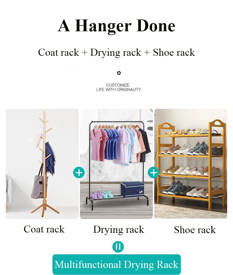Garment Rack Floor Standing Clothes Hanger Double Pole Coat Rack Wardrobe Clothing Drying Rack Mobile Cloth Rail Home Furniture