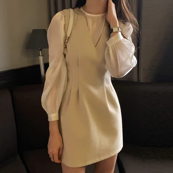 

Korean Women Two Piece Dress Set Long Sleeve Blouses and Vintage Tank V-neck Mini Dress Ladies Office 2 Piece Set Elegant Suit