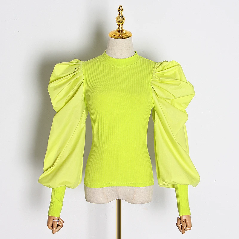 TWOTWINSTYLE вязаный женский свитер в стиле пэчворк с круглым вырезом и пышным длинным рукавом, женские свитера с рюшами, осенняя мода, одежда - Цвет: Green