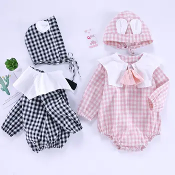

WLG Baby Boys Girls Rompers Toddler Pink Black Plaid Long Sleeve Romper with Hat Baby Clothes for 6-18 Months